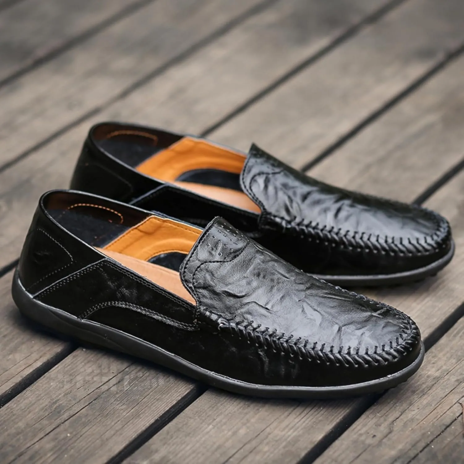 Mens Handmade Leather Slip-On Loafers Casual Round Toe Flat Penny Loafers Soft Breathable Driving Walking Boat Shoes