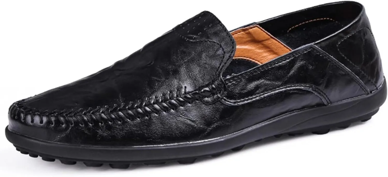 Mens Handmade Leather Slip-On Loafers Casual Round Toe Flat Penny Loafers Soft Breathable Driving Walking Boat Shoes