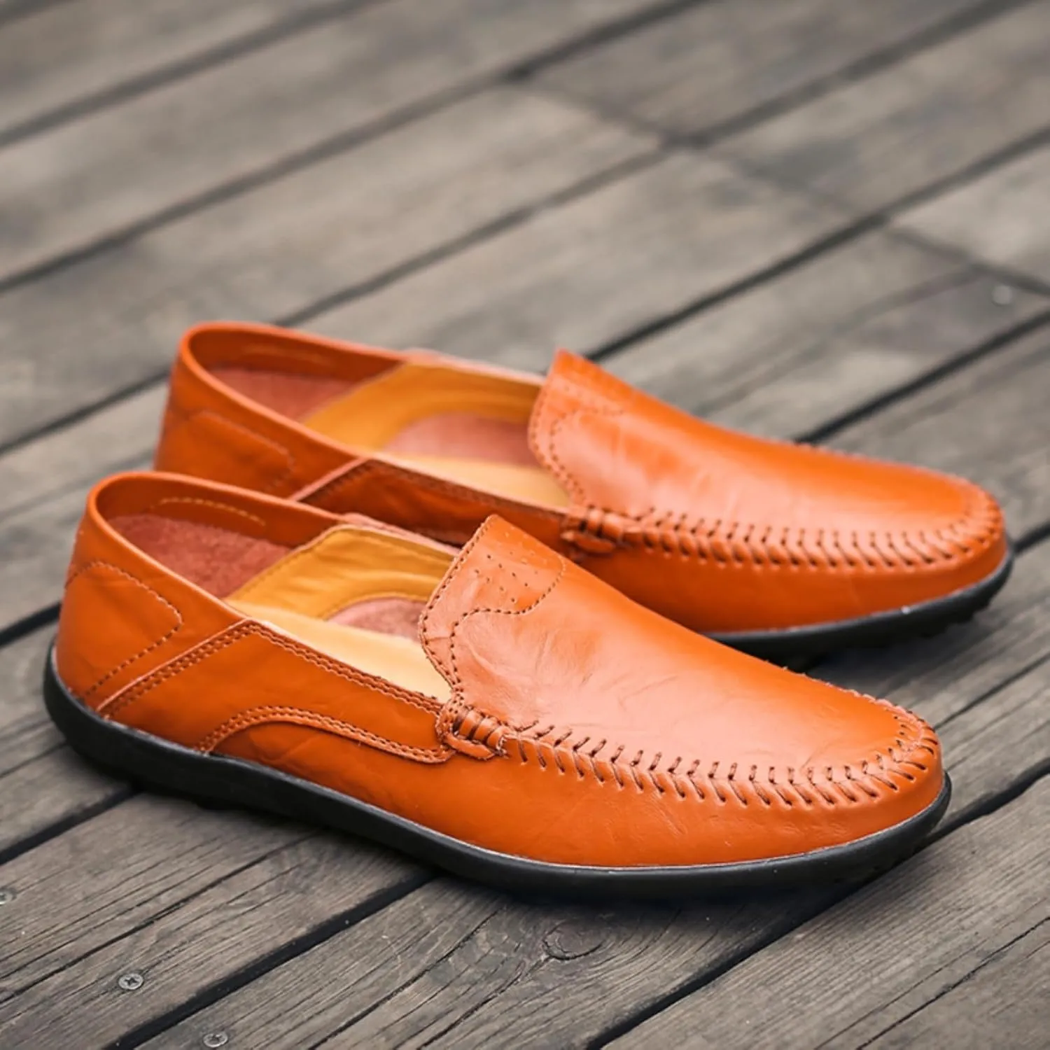 Mens Handmade Leather Slip-On Loafers Casual Round Toe Flat Penny Loafers Soft Breathable Driving Walking Boat Shoes