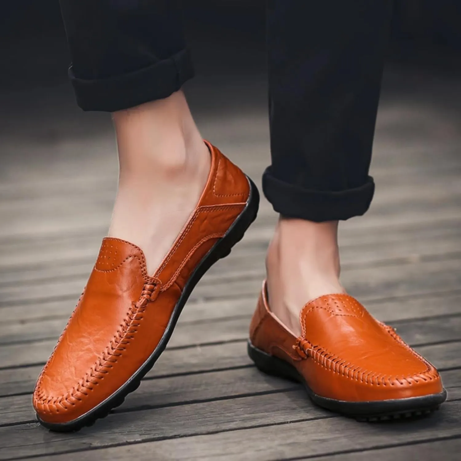 Mens Handmade Leather Slip-On Loafers Casual Round Toe Flat Penny Loafers Soft Breathable Driving Walking Boat Shoes