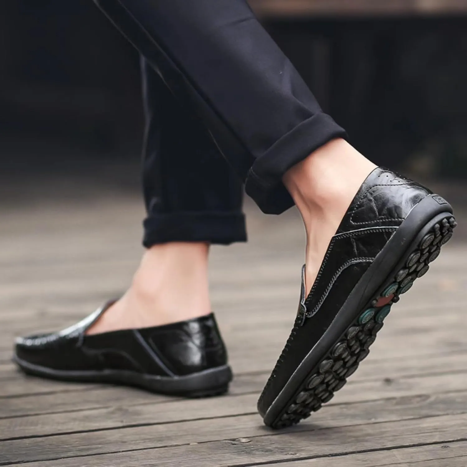 Mens Handmade Leather Slip-On Loafers Casual Round Toe Flat Penny Loafers Soft Breathable Driving Walking Boat Shoes