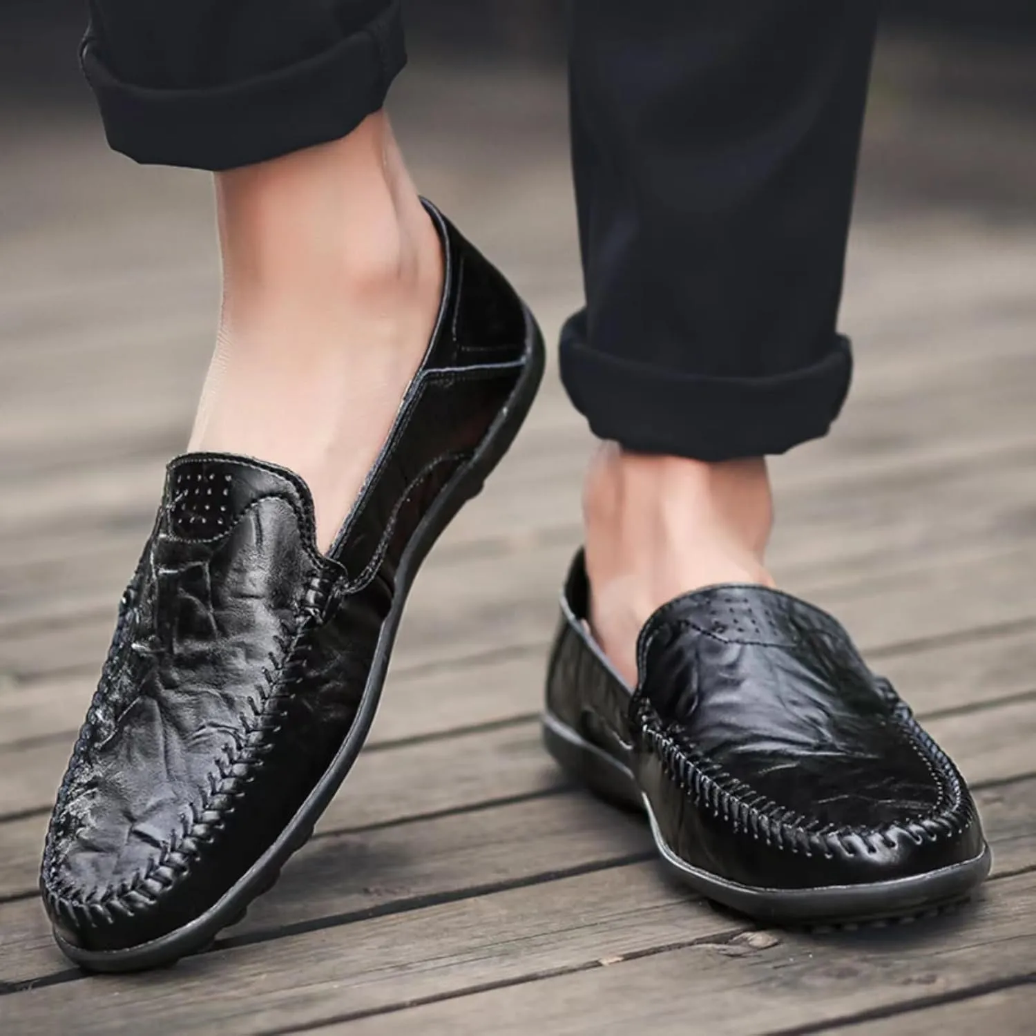 Mens Handmade Leather Slip-On Loafers Casual Round Toe Flat Penny Loafers Soft Breathable Driving Walking Boat Shoes