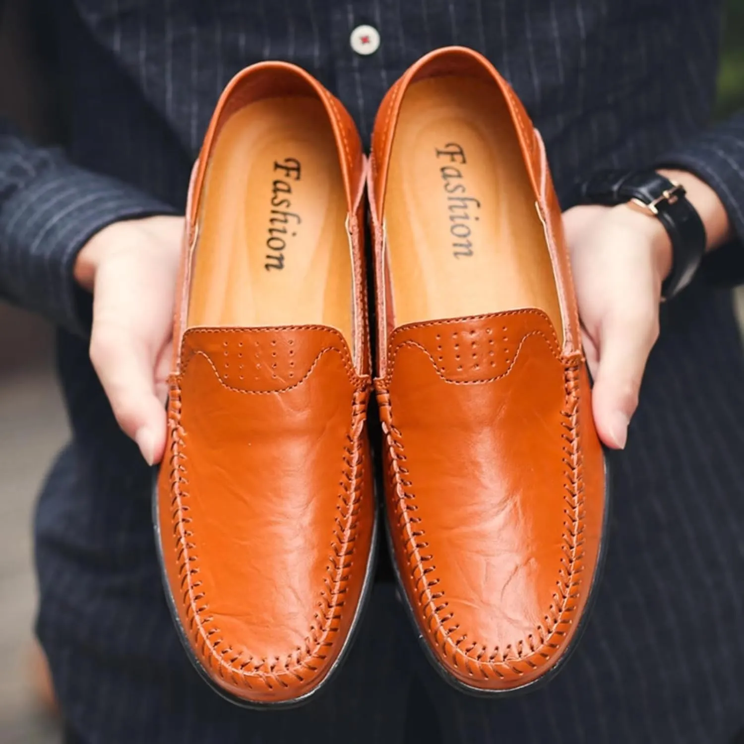 Mens Handmade Leather Slip-On Loafers Casual Round Toe Flat Penny Loafers Soft Breathable Driving Walking Boat Shoes