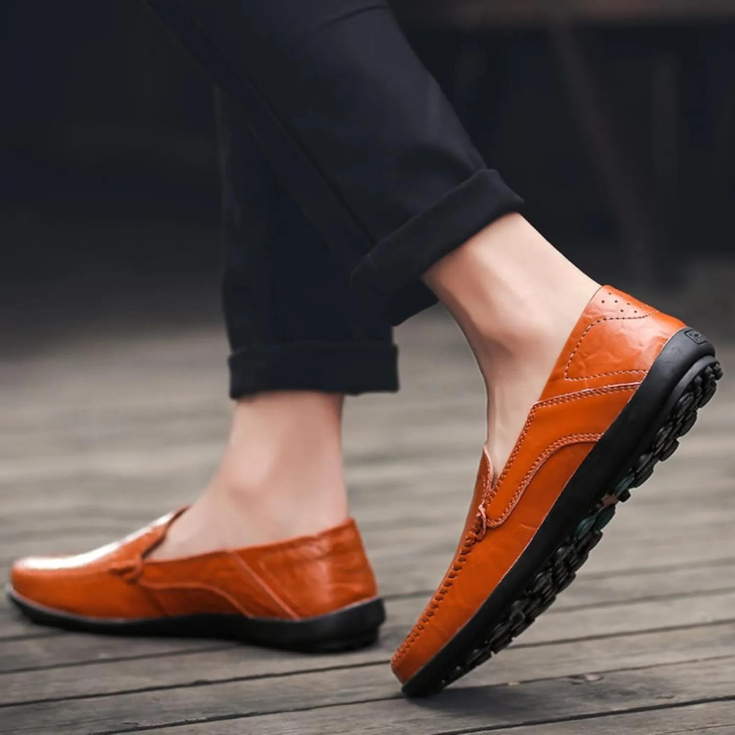 Mens Handmade Leather Slip-On Loafers Casual Round Toe Flat Penny Loafers Soft Breathable Driving Walking Boat Shoes