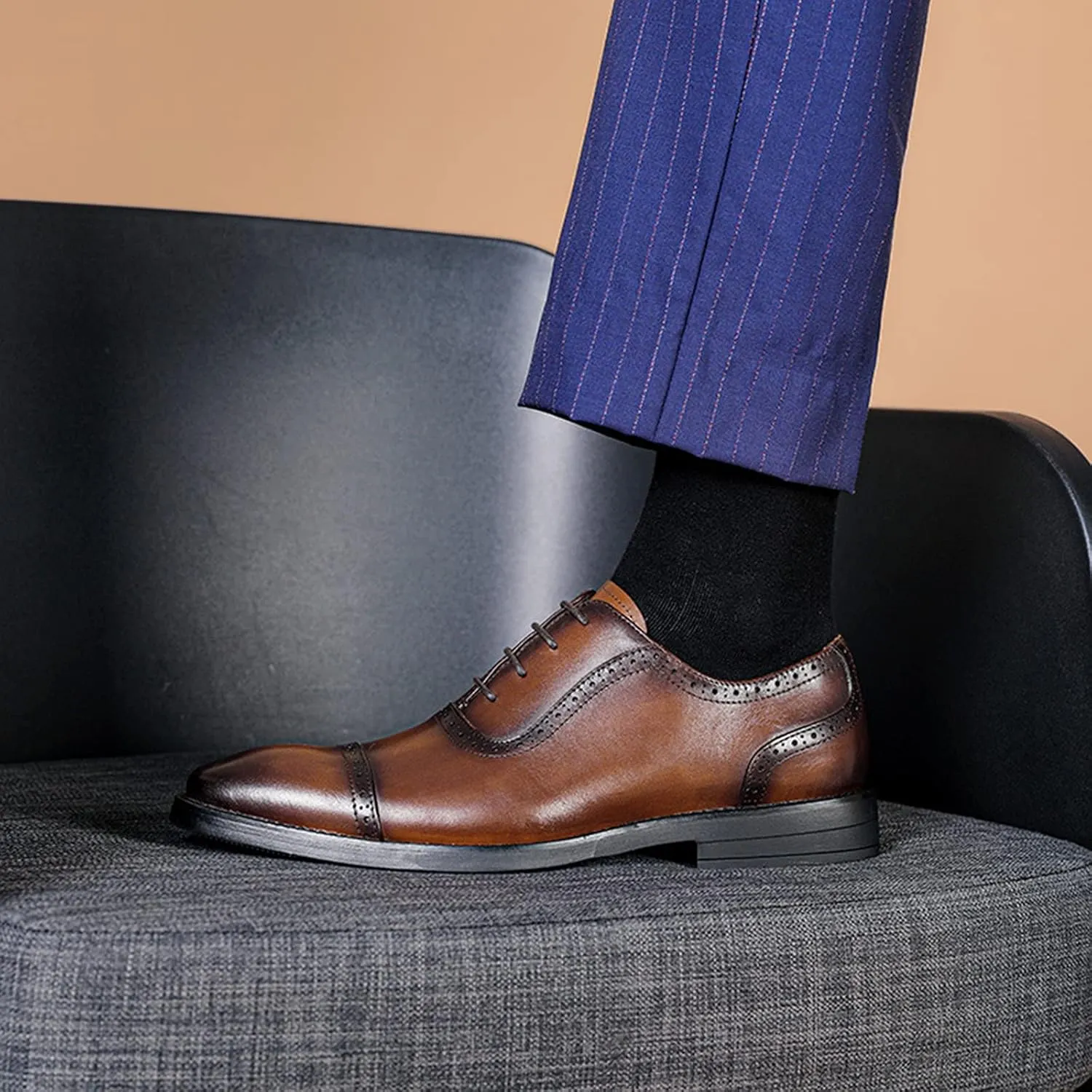Men's Leather Brown Dress Oxfords Business Wingtip Shoe Classic Wedding Formal Lace Up Leather Shoes for Prom Party Brown- US7.5/UK6.5/EU39