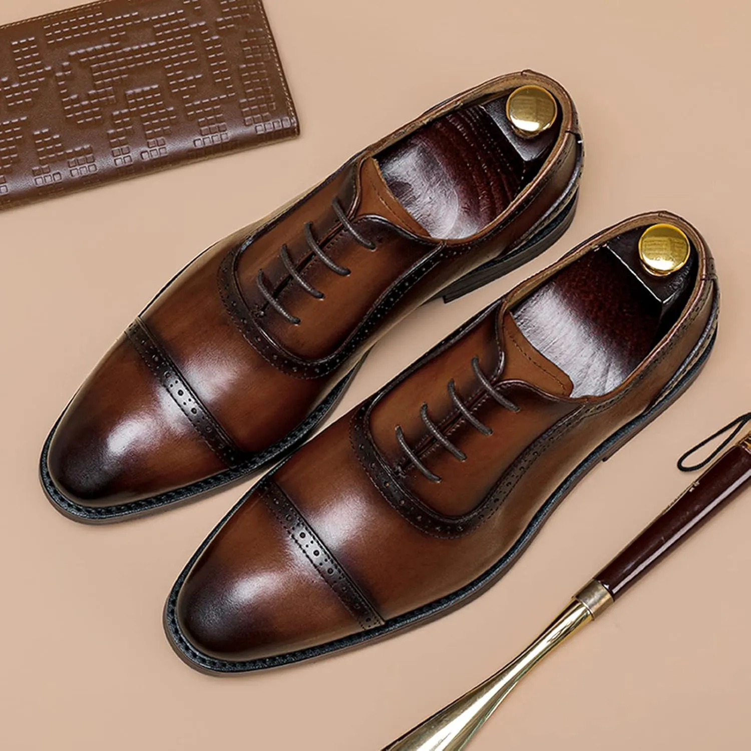 Men's Leather Brown Dress Oxfords Business Wingtip Shoe Classic Wedding Formal Lace Up Leather Shoes for Prom Party Brown- US7.5/UK6.5/EU39