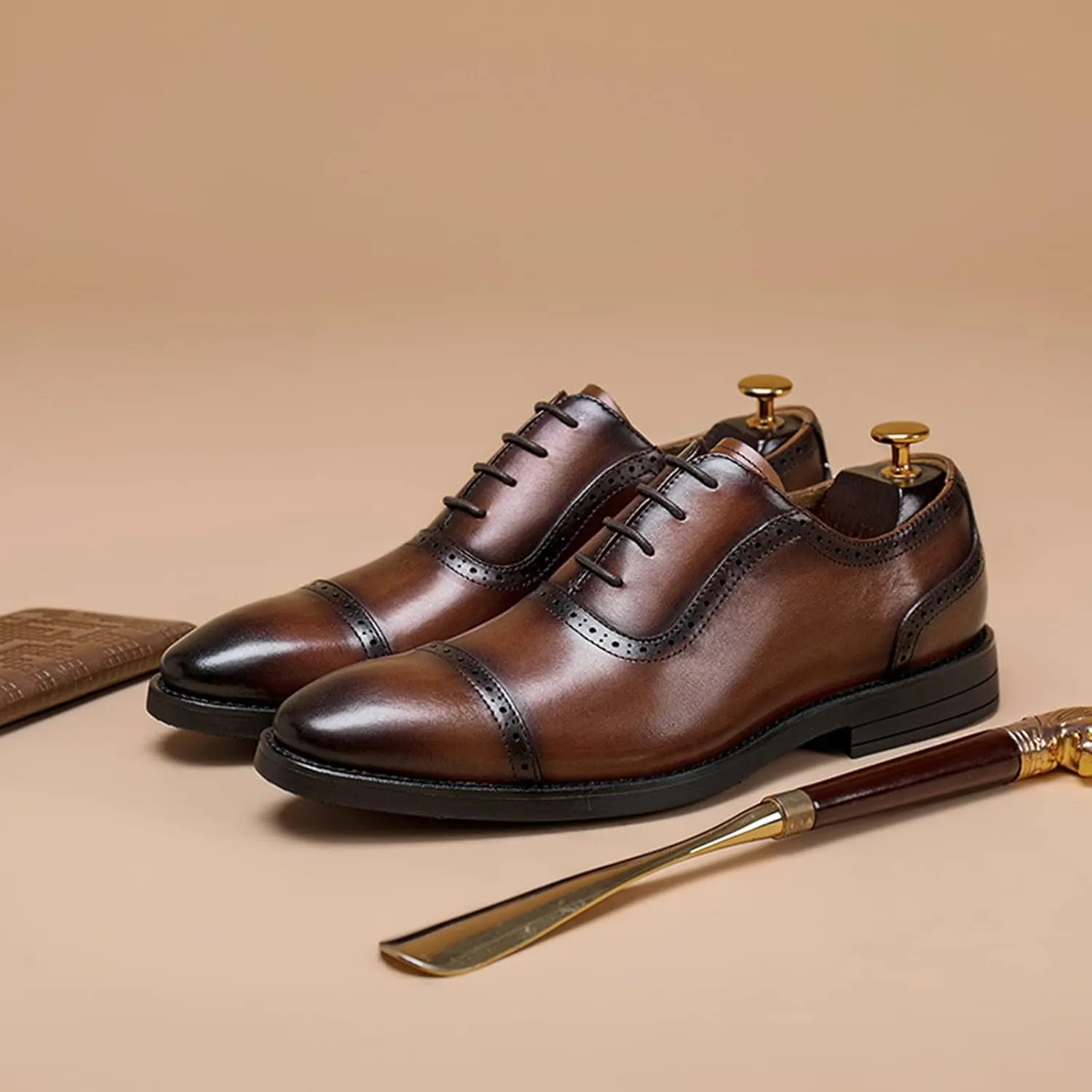 Men's Leather Brown Dress Oxfords Business Wingtip Shoe Classic Wedding Formal Lace Up Leather Shoes for Prom Party Brown- US7.5/UK6.5/EU39