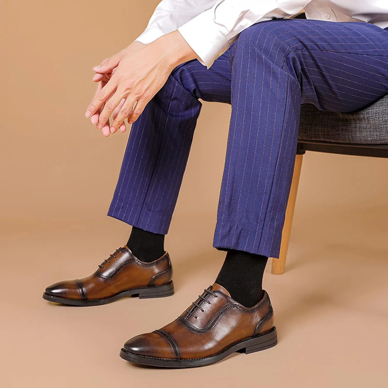 Men's Leather Brown Dress Oxfords Business Wingtip Shoe Classic Wedding Formal Lace Up Leather Shoes for Prom Party Brown- US7.5/UK6.5/EU39