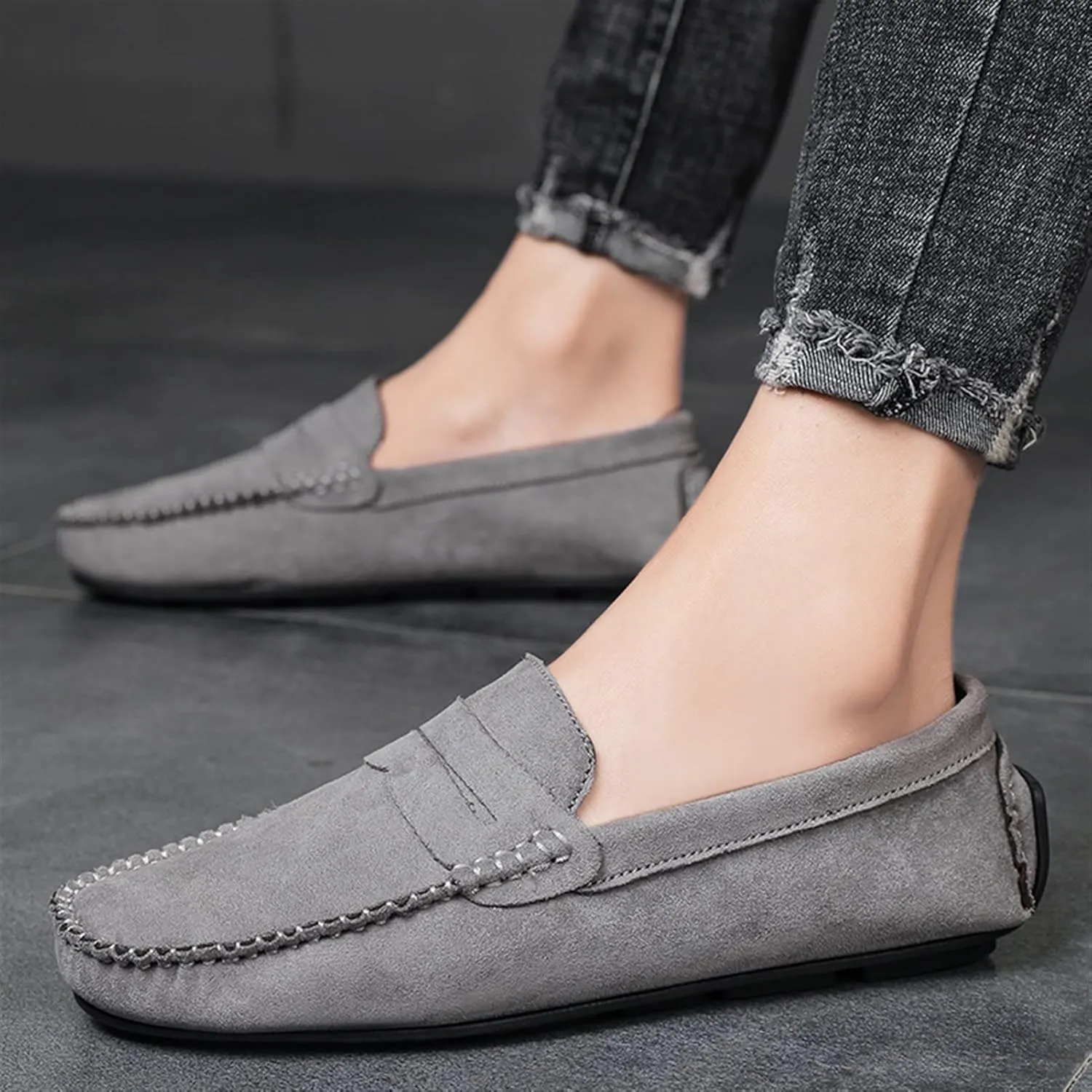 Men's Loafers Genuine Leather Round Toe Suede Vamp Penny Loafer Slip Resistant Comfortable Anti-Slip Wedding Slip-ons