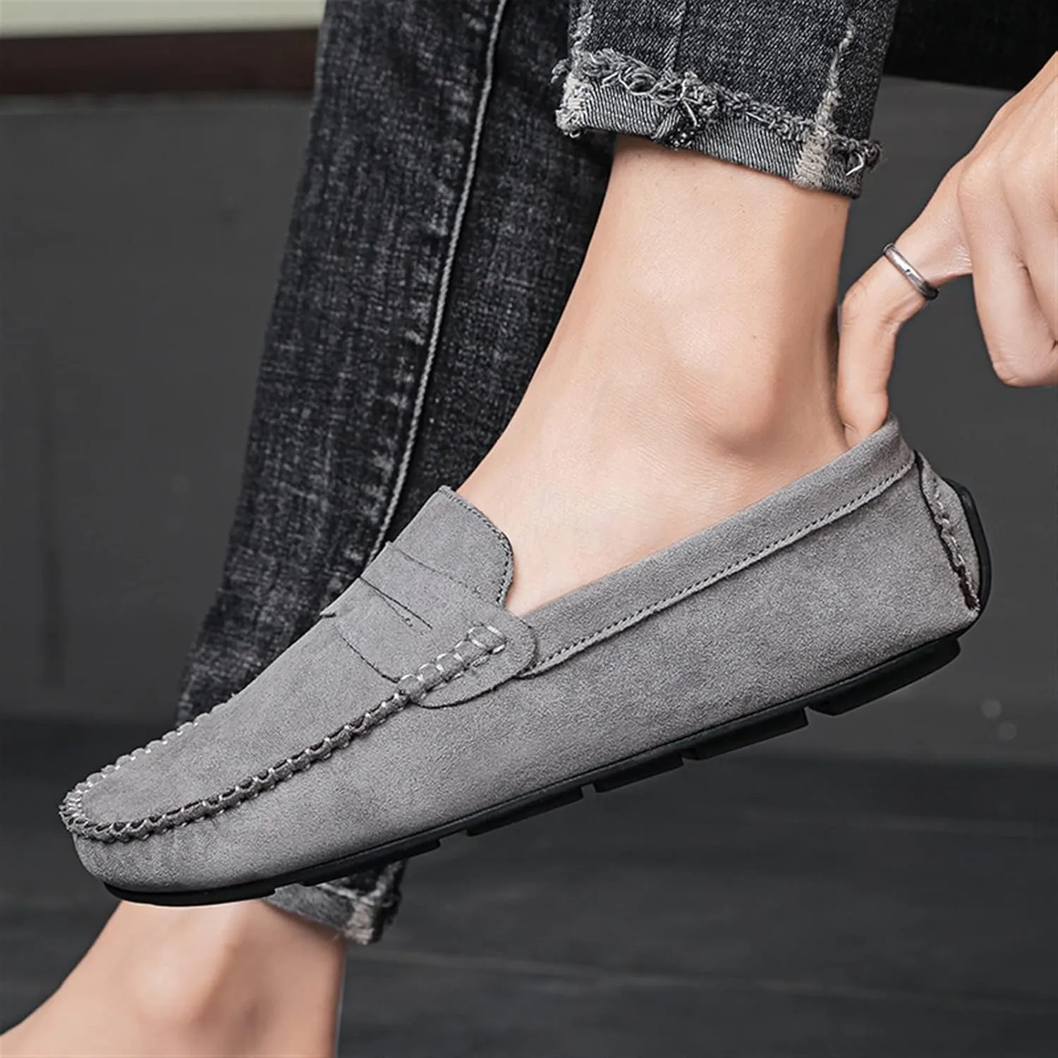 Men's Loafers Genuine Leather Round Toe Suede Vamp Penny Loafer Slip Resistant Comfortable Anti-Slip Wedding Slip-ons