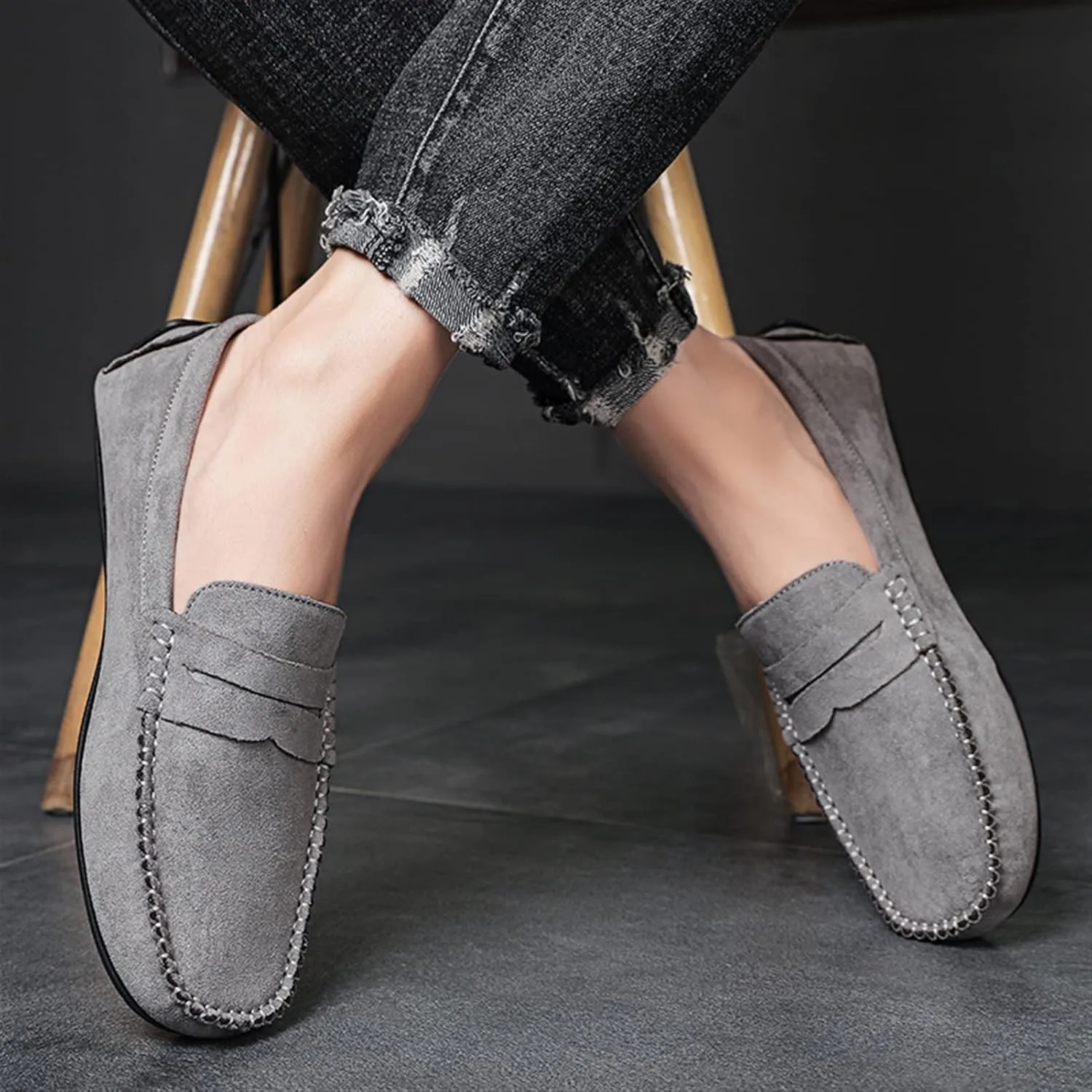 Men's Loafers Genuine Leather Round Toe Suede Vamp Penny Loafer Slip Resistant Comfortable Anti-Slip Wedding Slip-ons