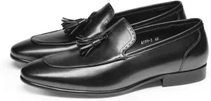 Mens Loafers Shoe Pointed Burnished Toe Tassel Genuine Leather Slip Resistant Comfortable Anti-Slip Casual Fashion Slip-ons