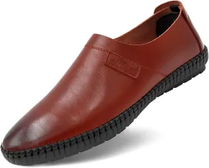 Mens Loafers Shoe Round Toe Genuine Leather Slip Resistant Flexible Anti-Slip Party Slip-ons