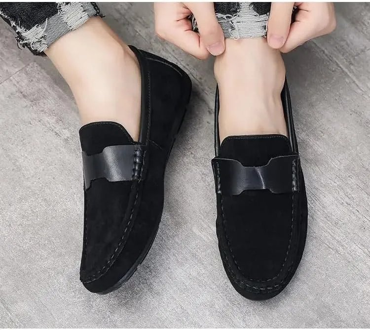 Mens Loafers Shoe Round Toe Nubuck Leather Driving Shoes Comfortable Lightweight Flat Heel Casual Slip-ons