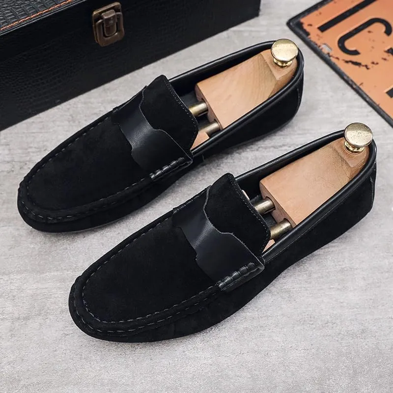 Mens Loafers Shoe Round Toe Nubuck Leather Driving Shoes Comfortable Lightweight Flat Heel Casual Slip-ons