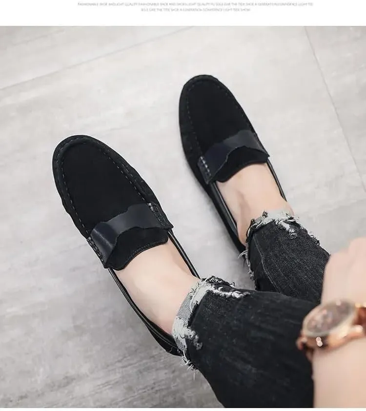 Mens Loafers Shoe Round Toe Nubuck Leather Driving Shoes Comfortable Lightweight Flat Heel Casual Slip-ons