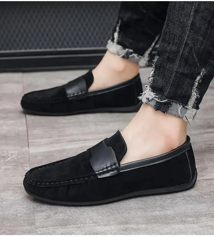 Mens Loafers Shoe Round Toe Nubuck Leather Driving Shoes Comfortable Lightweight Flat Heel Casual Slip-ons