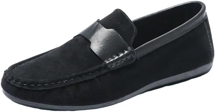 Mens Loafers Shoe Round Toe Nubuck Leather Driving Shoes Comfortable Lightweight Flat Heel Casual Slip-ons