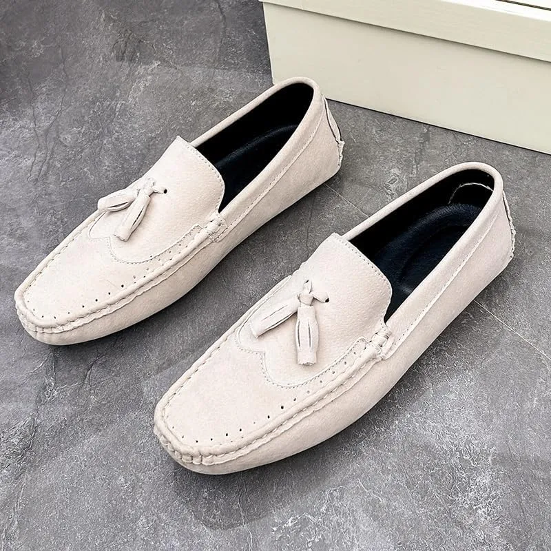 Men's Loafers Square Toe Wingtips Suede Vegan Leather with Tassel Anti-Slip Lightweight Flat Heel Outdoor Party Slip-ons