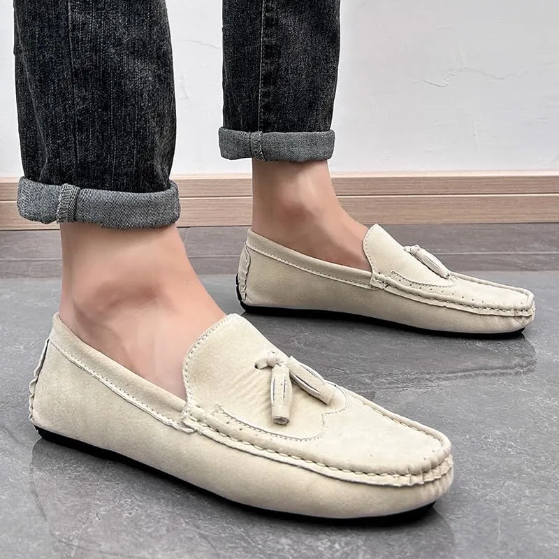 Men's Loafers Square Toe Wingtips Suede Vegan Leather with Tassel Anti-Slip Lightweight Flat Heel Outdoor Party Slip-ons