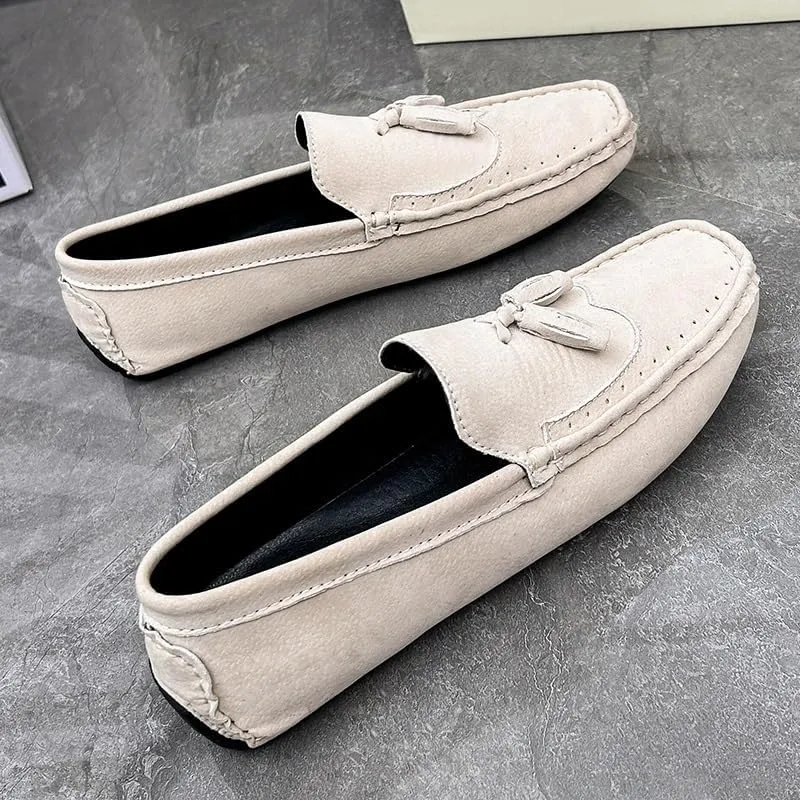 Men's Loafers Square Toe Wingtips Suede Vegan Leather with Tassel Anti-Slip Lightweight Flat Heel Outdoor Party Slip-ons