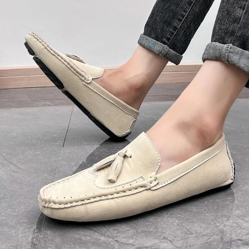 Men's Loafers Square Toe Wingtips Suede Vegan Leather with Tassel Anti-Slip Lightweight Flat Heel Outdoor Party Slip-ons