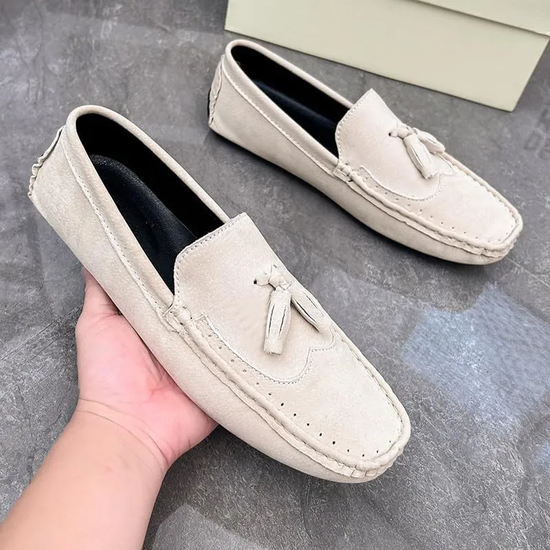 Men's Loafers Square Toe Wingtips Suede Vegan Leather with Tassel Anti-Slip Lightweight Flat Heel Outdoor Party Slip-ons