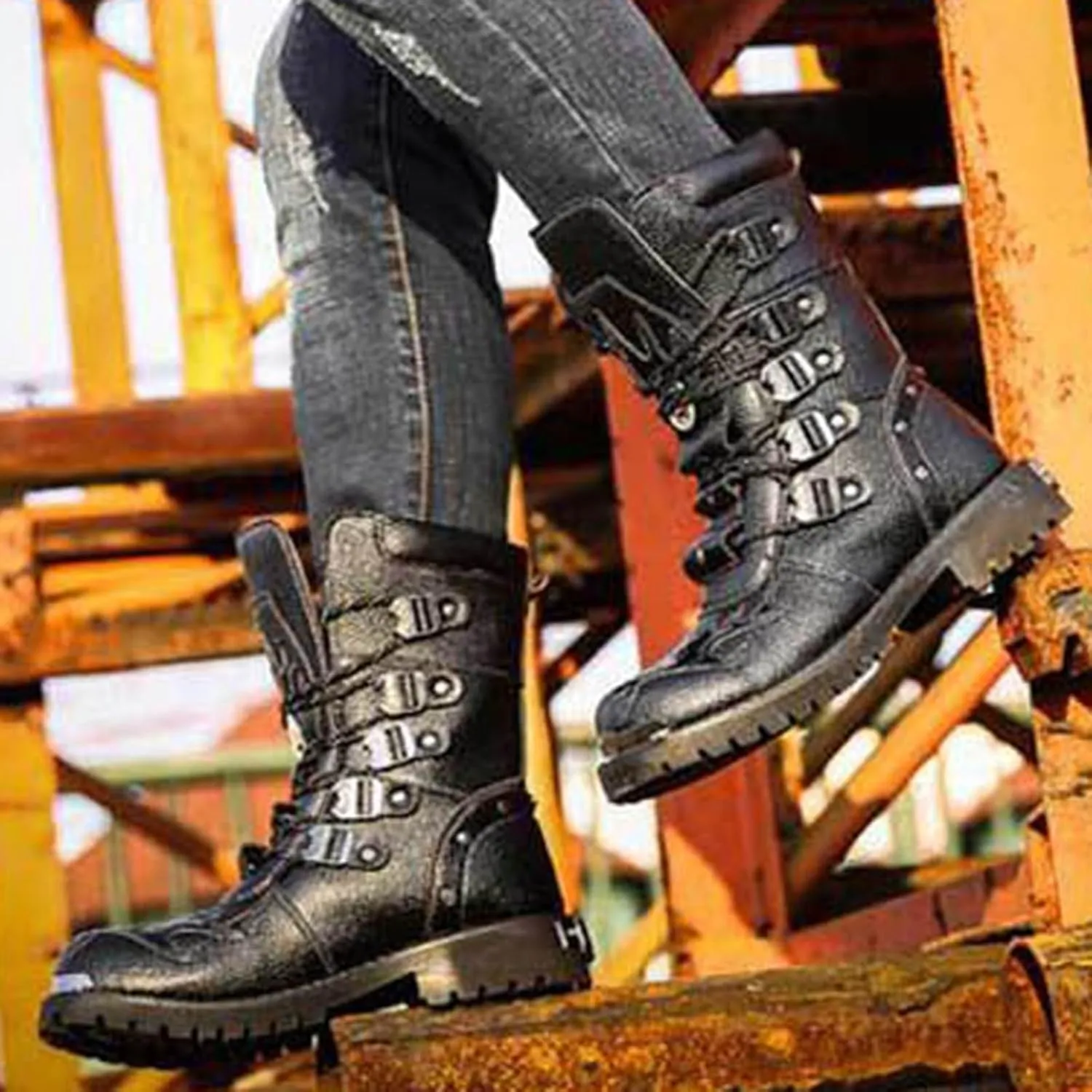Men's Motorcycle Leather High Calf Boots Strap Metal Riding Punk Rock Water Proof Round Toe Laced Up Casual Boots with British Stylish For Cool Men
