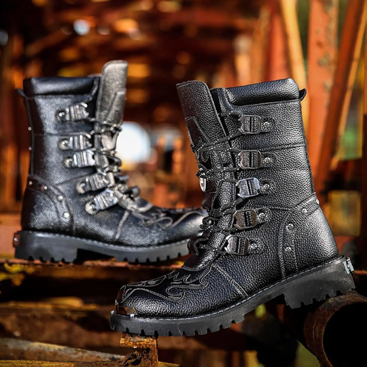 Men's Motorcycle Leather High Calf Boots Strap Metal Riding Punk Rock Water Proof Round Toe Laced Up Casual Boots with British Stylish For Cool Men