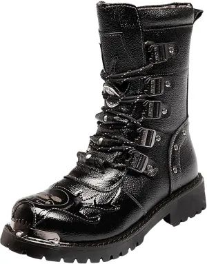 Men's Motorcycle Leather High Calf Boots Strap Metal Riding Punk Rock Water Proof Round Toe Laced Up Casual Boots with British Stylish For Cool Men