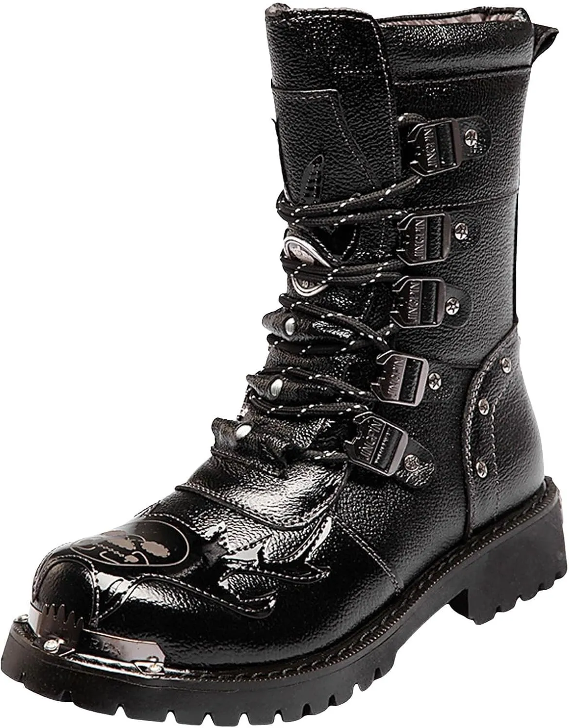Men's Motorcycle Leather High Calf Boots Strap Metal Riding Punk Rock Water Proof Round Toe Laced Up Casual Boots with British Stylish For Cool Men