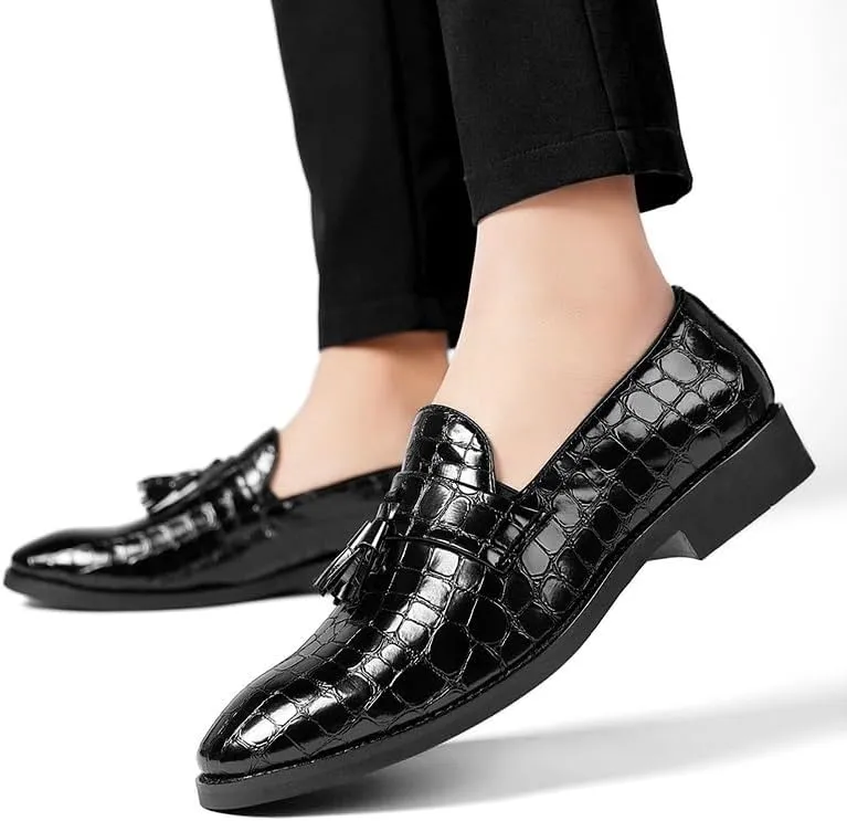Men's Pointed Toe PU Leather Tassel Loafers - Block Pattern, Flat Heel, Lightweight Comfort for Wedding & Prom Slip-On Shoes