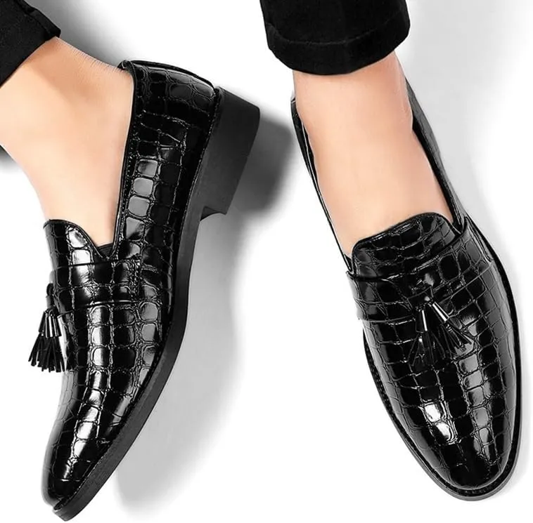 Men's Pointed Toe PU Leather Tassel Loafers - Block Pattern, Flat Heel, Lightweight Comfort for Wedding & Prom Slip-On Shoes