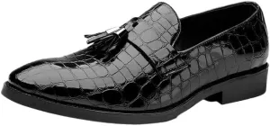 Men's Pointed Toe PU Leather Tassel Loafers - Block Pattern, Flat Heel, Lightweight Comfort for Wedding & Prom Slip-On Shoes