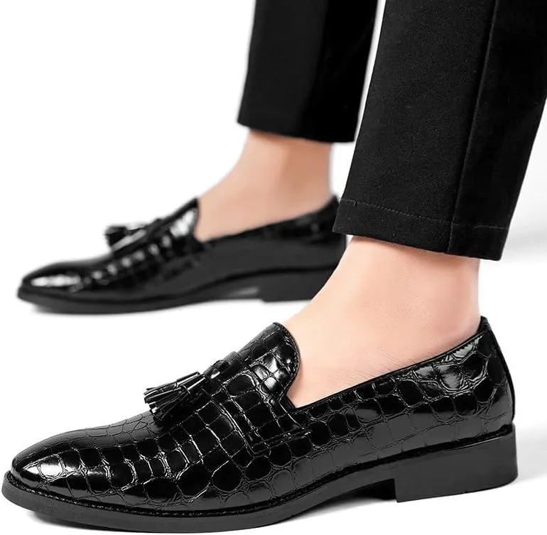 Men's Pointed Toe PU Leather Tassel Loafers - Block Pattern, Flat Heel, Lightweight Comfort for Wedding & Prom Slip-On Shoes