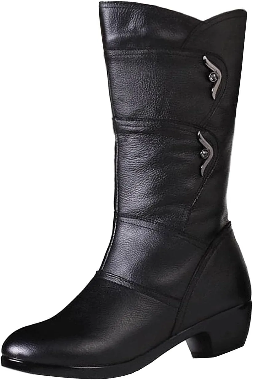 Mid Calf Boots for Women Fashion Casual Leather Round Toe Booties Chunky Block Low Heels Warm Dress Boots