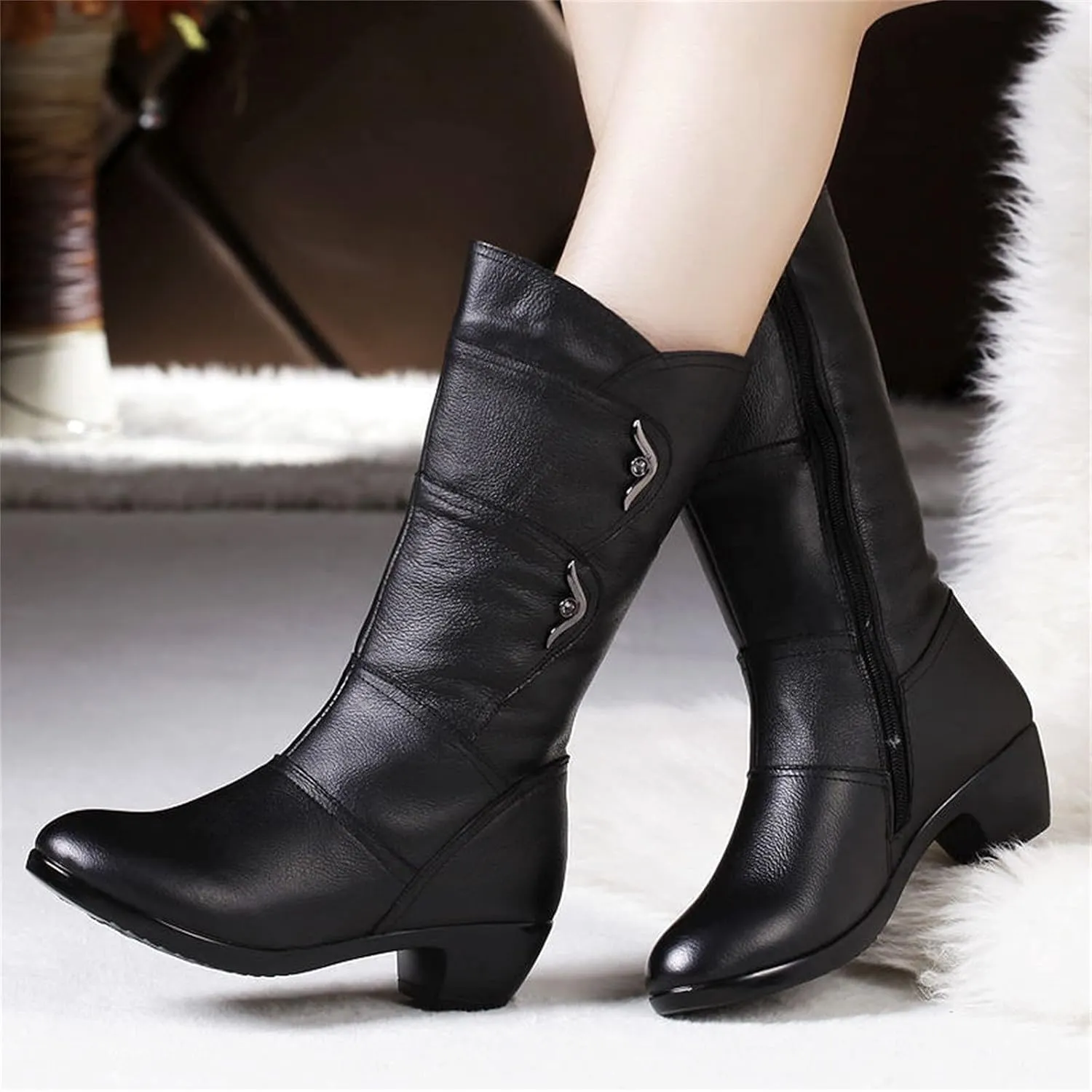 Mid Calf Boots for Women Fashion Casual Leather Round Toe Booties Chunky Block Low Heels Warm Dress Boots