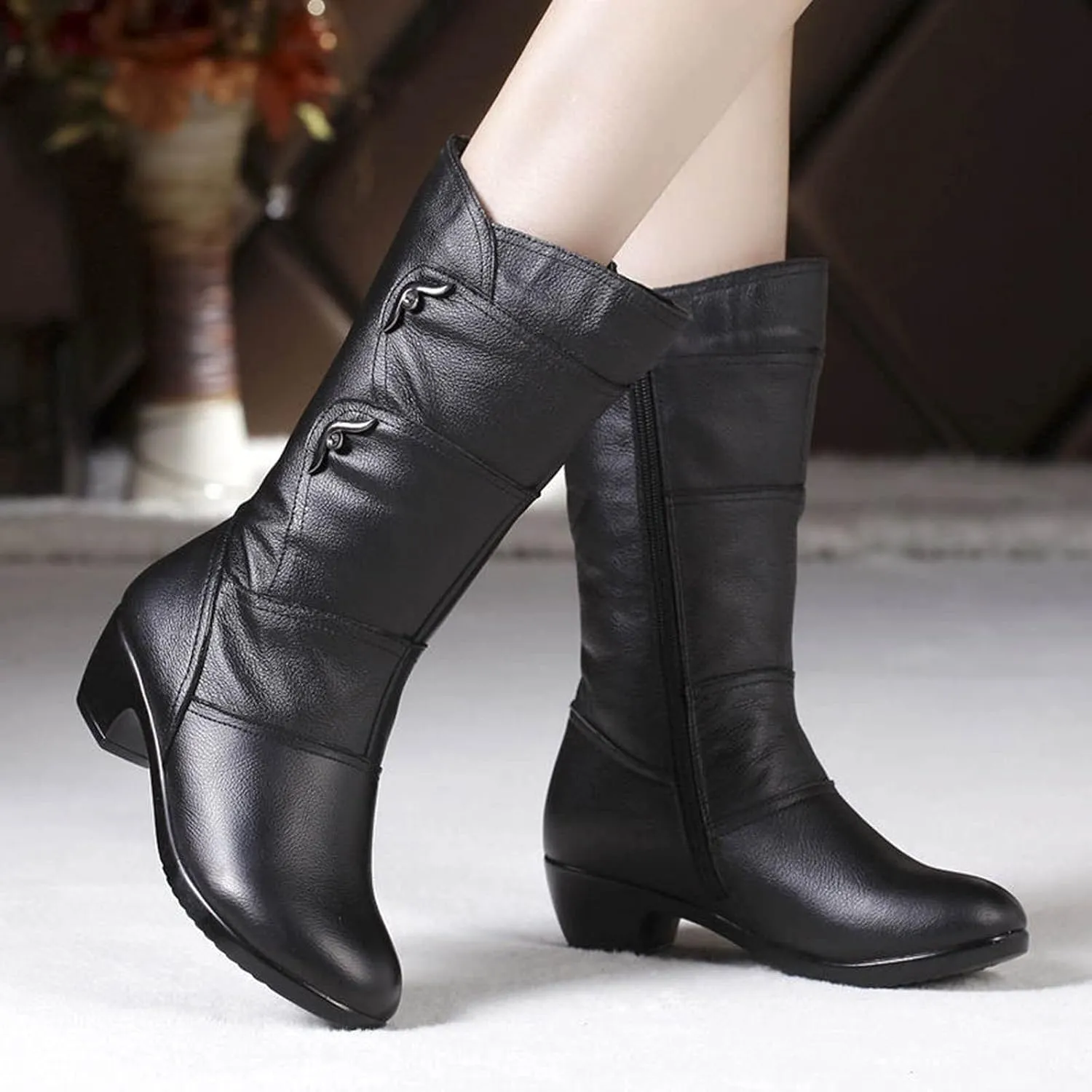 Mid Calf Boots for Women Fashion Casual Leather Round Toe Booties Chunky Block Low Heels Warm Dress Boots