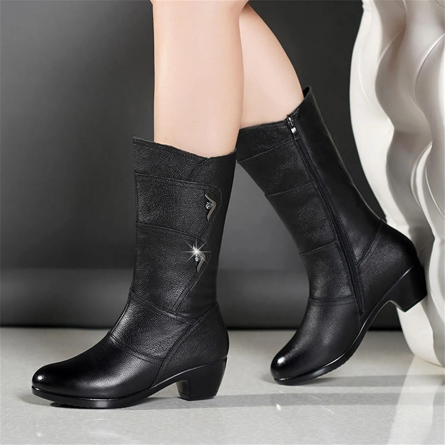 Mid Calf Boots for Women Fashion Casual Leather Round Toe Booties Chunky Block Low Heels Warm Dress Boots