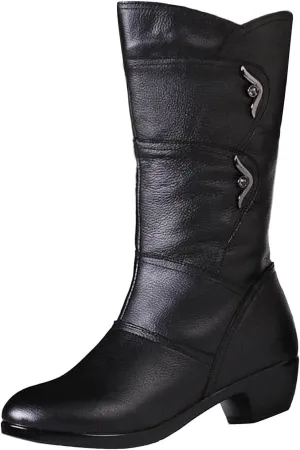 Mid Calf Boots for Women Fashion Casual Leather Round Toe Booties Chunky Block Low Heels Warm Dress Boots