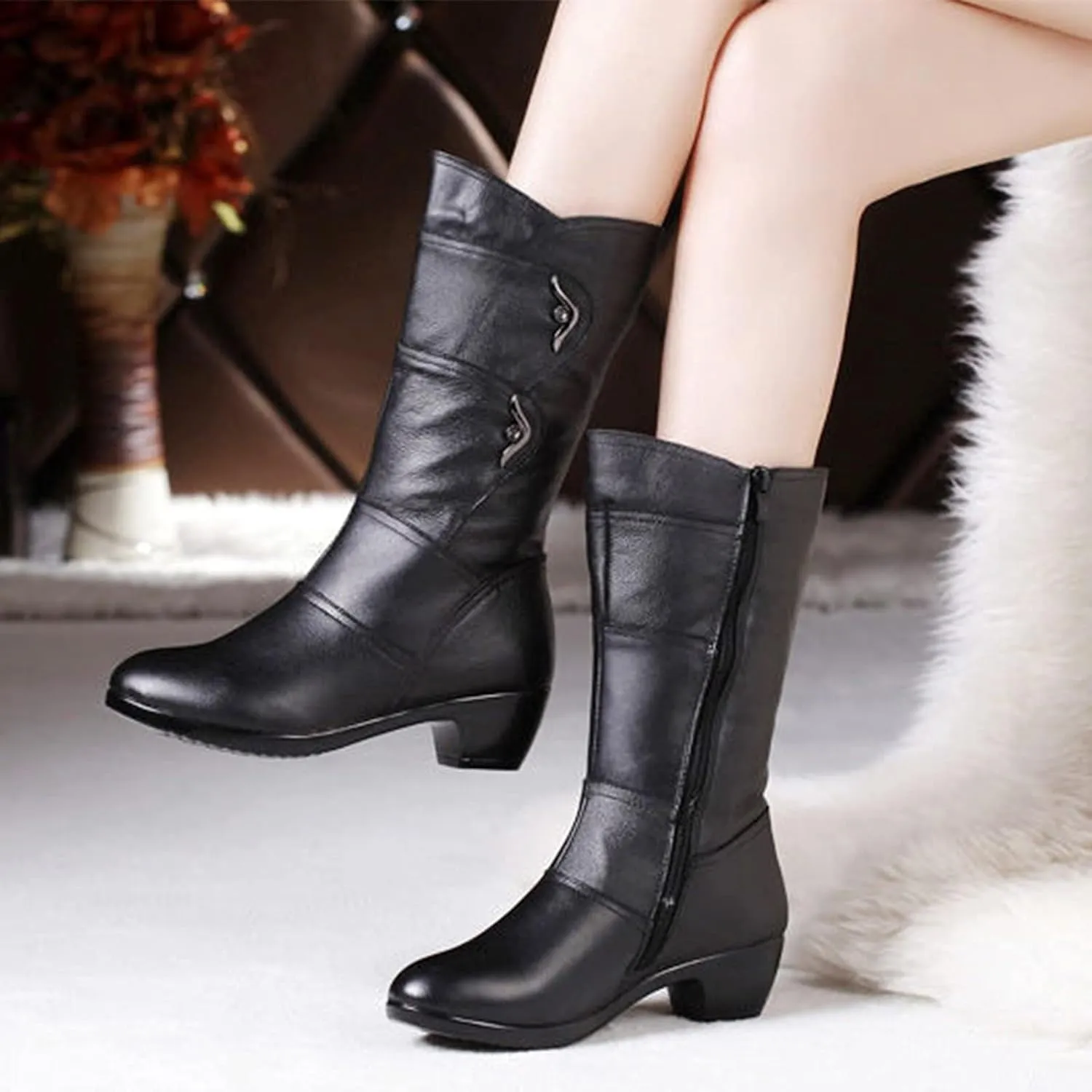 Mid Calf Boots for Women Fashion Casual Leather Round Toe Booties Chunky Block Low Heels Warm Dress Boots