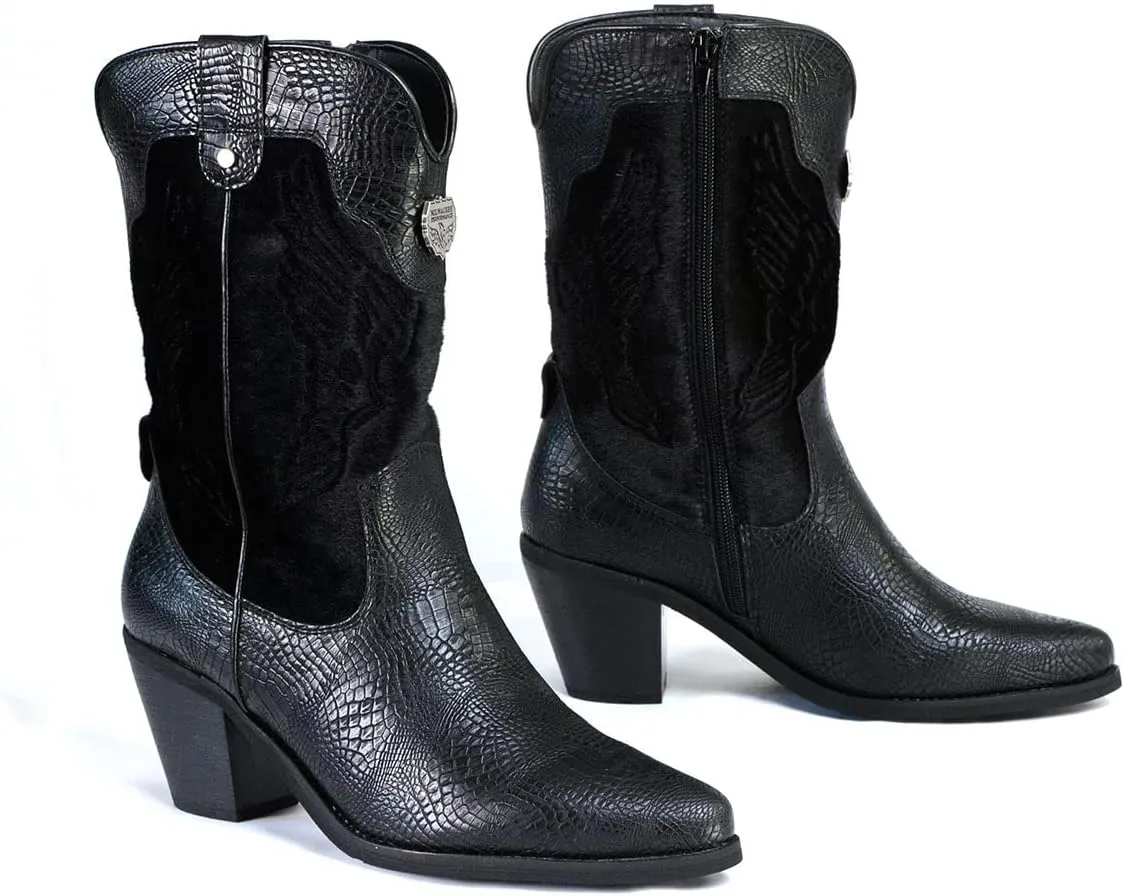 Milwaukee Leather Women's Black Western Style Fashion Boots with Black Snake Print MBL9441