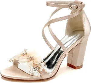 Minishion Womens Chunky Heel Wedding Shoes with Flower Ankle Strap Formal Party Sandals MS290