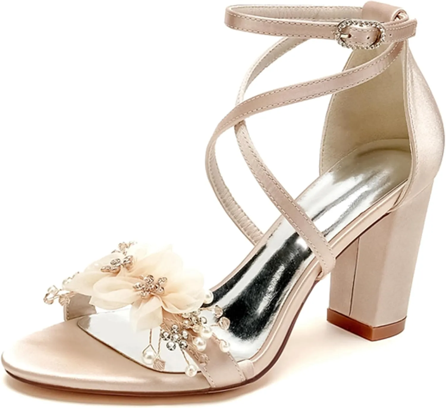 Minishion Womens Chunky Heel Wedding Shoes with Flower Ankle Strap Formal Party Sandals MS290