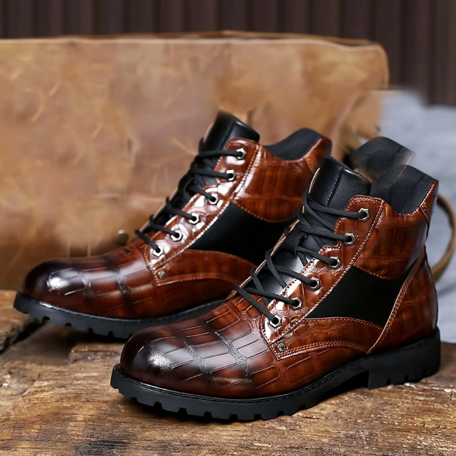 oiangi Vintage Imitation Leather Men's Boots Leather Shoes 2022 Fashion Men's Middle Top Boots Men