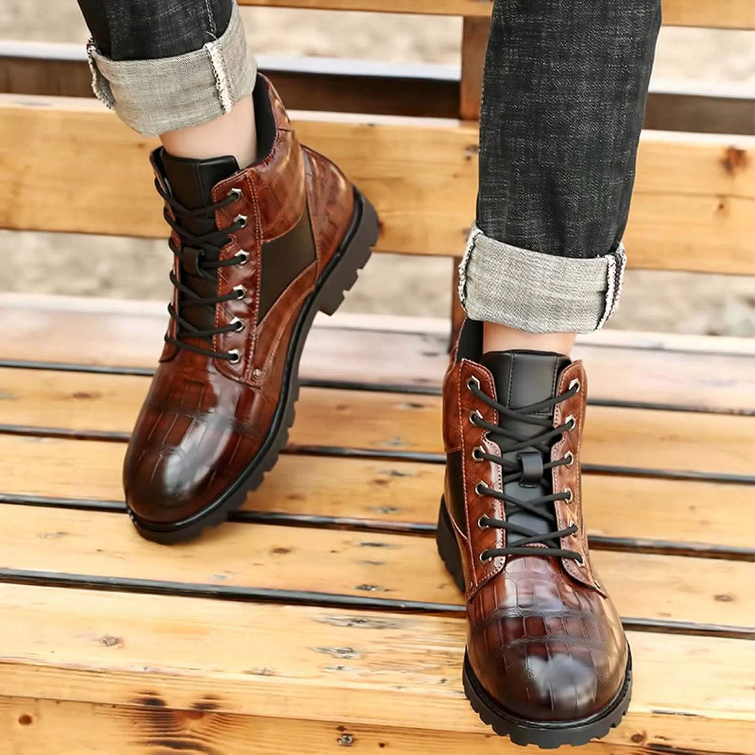 oiangi Vintage Imitation Leather Men's Boots Leather Shoes 2022 Fashion Men's Middle Top Boots Men