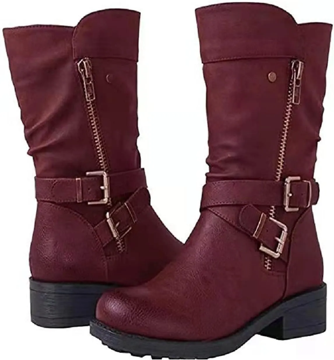 oiangi Women Leather Mid calf Boots Fashion Round toe Side Zipper Double buckle chunky heel boots Comfortable casual Trendy low heel shoes