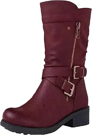 oiangi Women Leather Mid calf Boots Fashion Round toe Side Zipper Double buckle chunky heel boots Comfortable casual Trendy low heel shoes