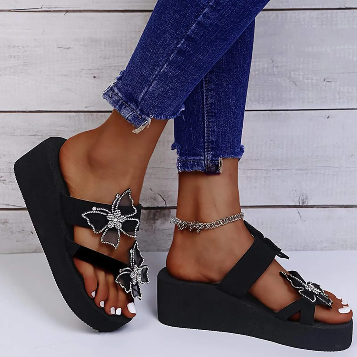Platform Sandals Women, Women's Fashion Summer Flip-Flops Thick Sole Casual Rhinester Butterfly Sandals Wedge Heel Soft Sole Dressy Sandals