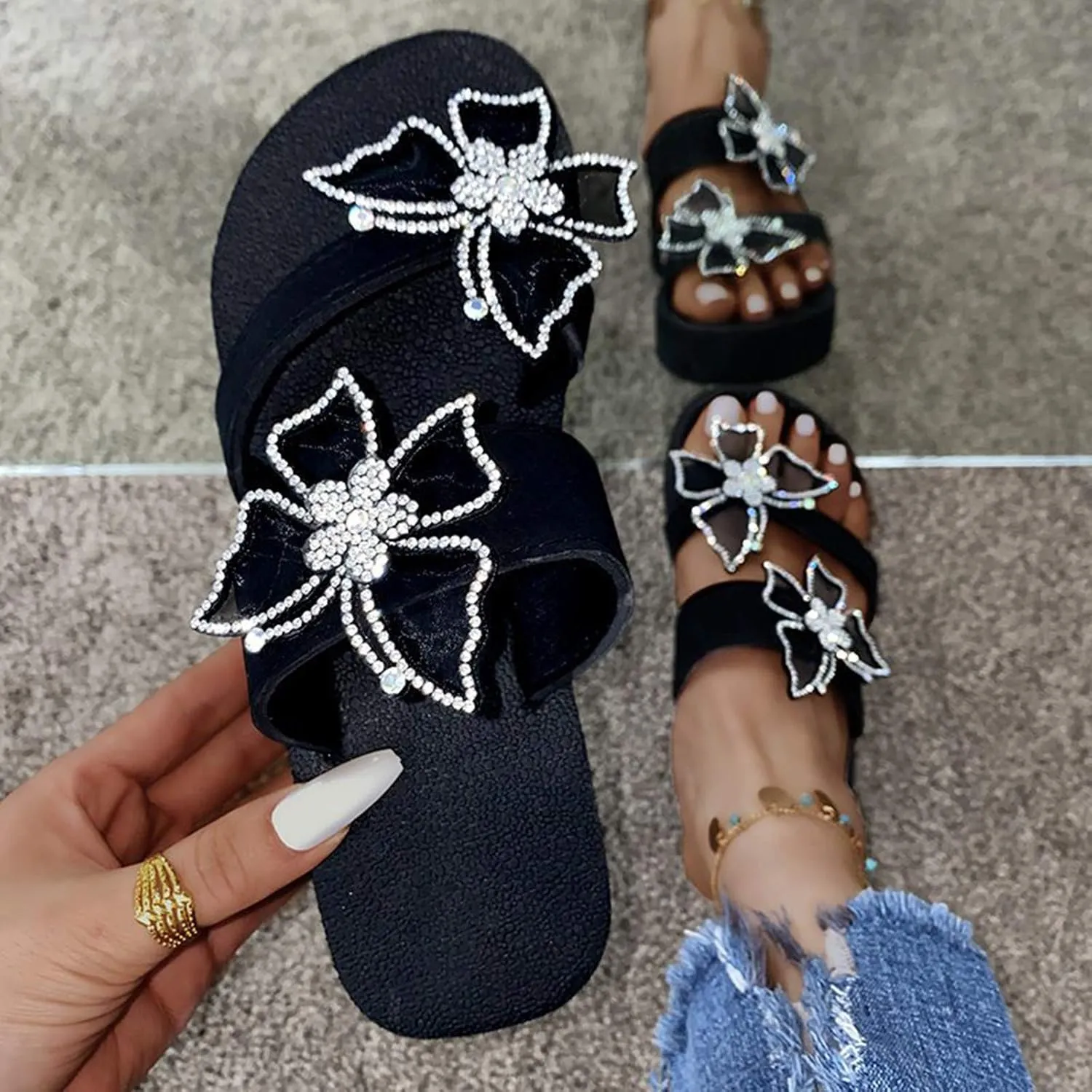 Platform Sandals Women, Women's Fashion Summer Flip-Flops Thick Sole Casual Rhinester Butterfly Sandals Wedge Heel Soft Sole Dressy Sandals